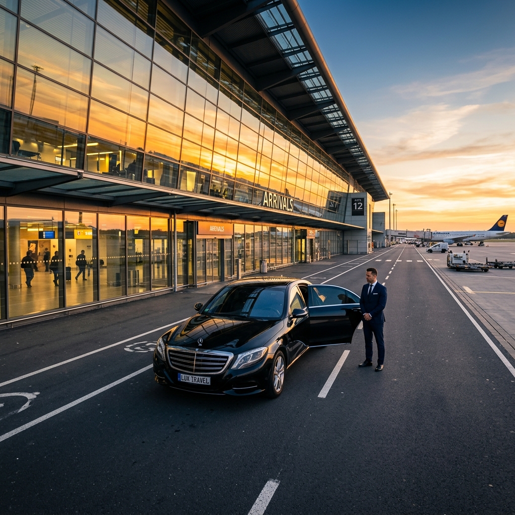 Premium airport transfer service — luxury sedan at airport terminal